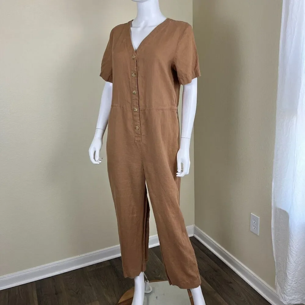 Everlane Women's Size 8 Camel Linen Straight Leg Cropped Jumpsuit Causal Minimal